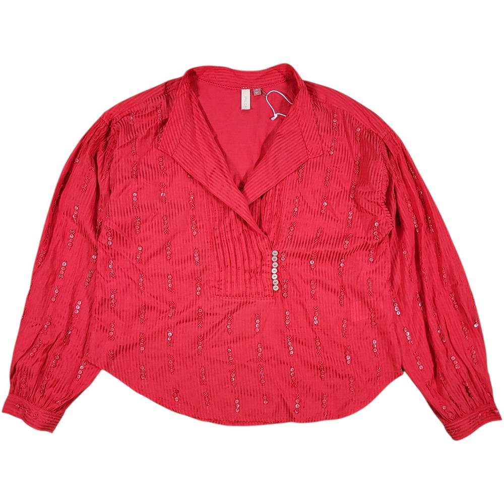 Pilcro Pintucked Button Down‎ Blouse Womens XS Red Beaded V-Neck Boho Anthro Top - Picture 2 of 9